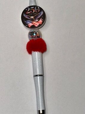 Patriotic 250th Anniversary White Glitter Pen with Red Pom Pom